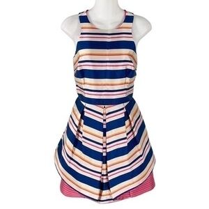 Trina Turk tan navy pink orange stripe sleeveless flare dress C.C9